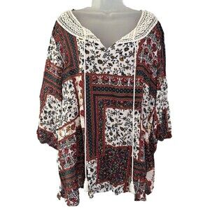 Suzanne Betro Women's 3XL Floral Tunic Patchwork Crochet Boho Flowy Cottagecore